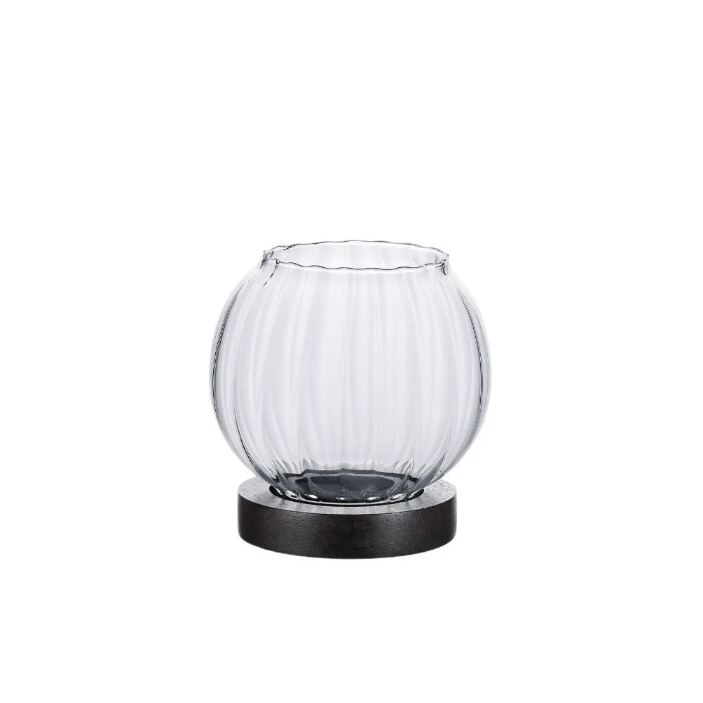 Retro Transparent Candle Holder Glass Oil Lamp Shape Candlesticks with Wooden Base Round Tealight Dinner Table Decoration