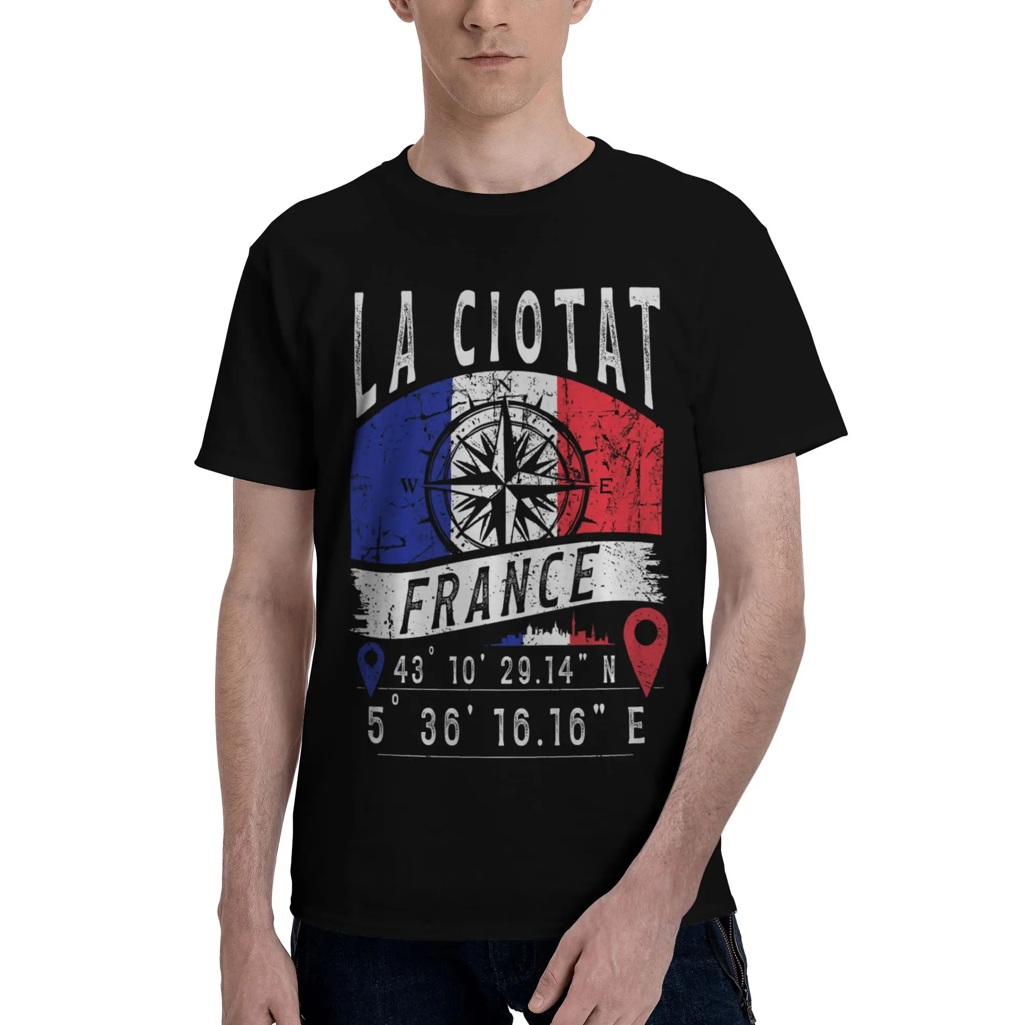GPS Coordinates of La Ciotat  Novelty 100% Cotton T-Shirt France Flag Tops Tees For Men