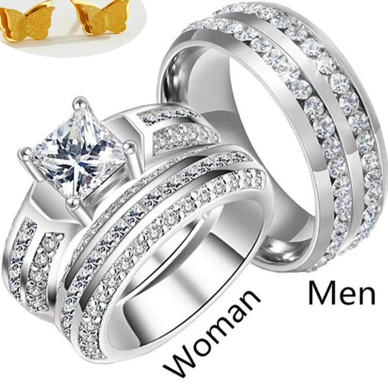 New Trendy Titanium Romantic Couple DIY  Crystal Alliance Engagement Wedding Rings For Men Women Jewelry