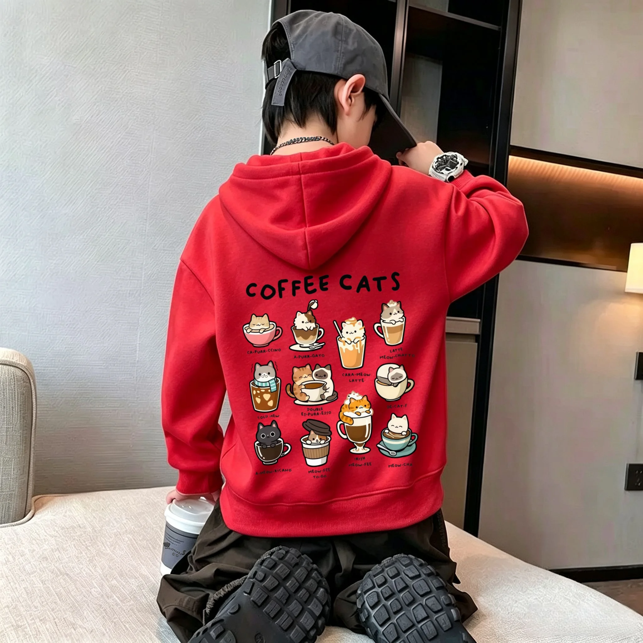 Y2K Kinder-Hoodie-Sweatshirt, Herbst-Winter, niedlicher Cartoon-Kaffee-Katzen-Grafikdruck, lässige, lockere Langarm-Oberteile – Detail 5