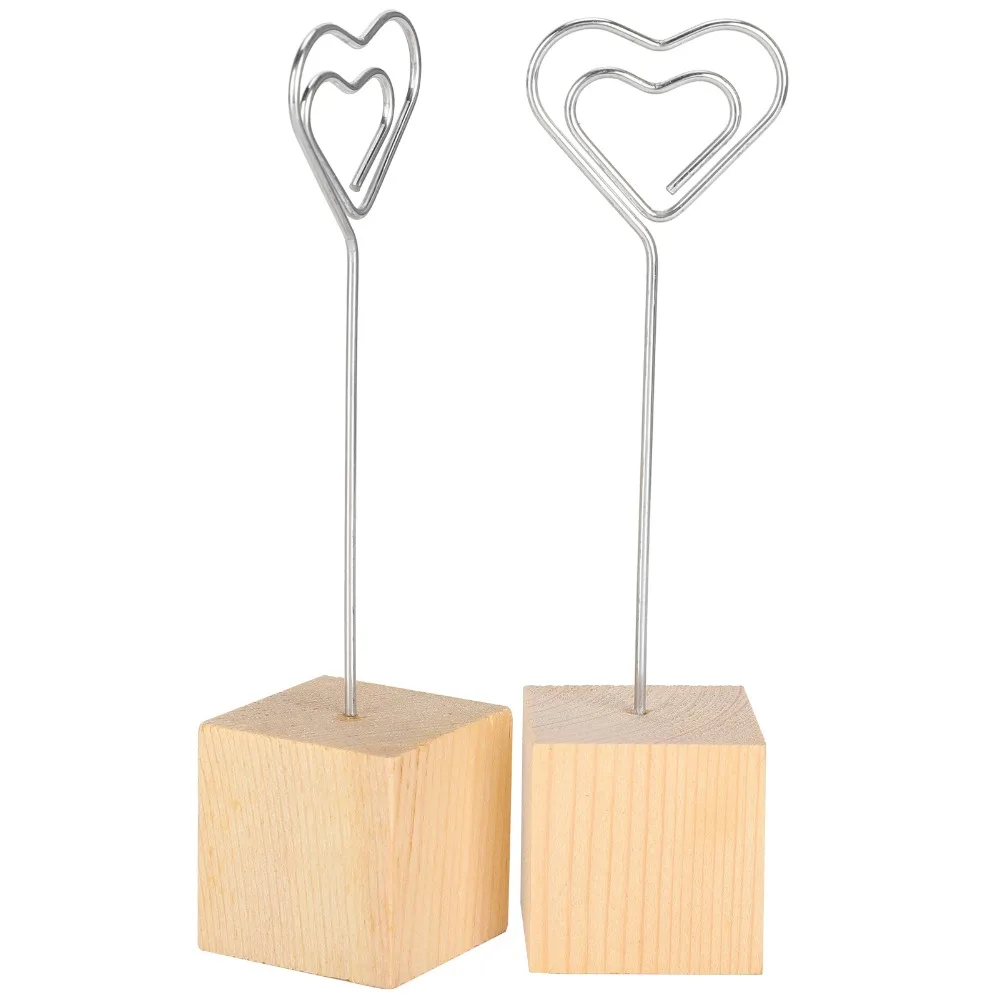 10Pcs Solid Wood Base Photo Holder Iron Durable Clip Message Holder Clip Heart Shape 2.9cm Width Metal Photo Holder Cake Topper