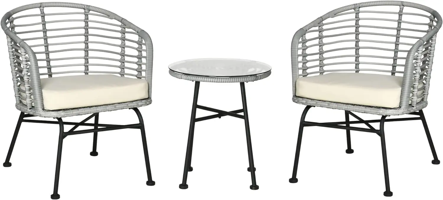 

3 Piece Patio Bistro Set, PE Rattan Outdoor Furniture with Cushioned Barrel Chairs & Glass Coffee Table, Conversation Set