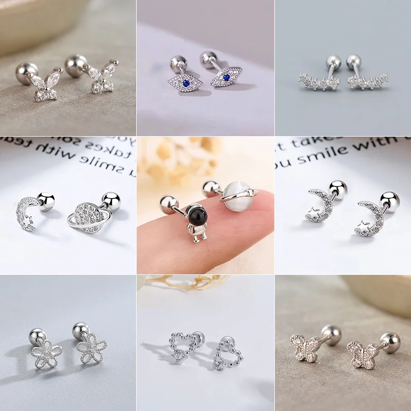 Silver Color Screw Back Helix Piercing Stud Earrings For Women Cubic Zirconia 925 Silver Needles Cartilage Earring Jewerly 2pcs