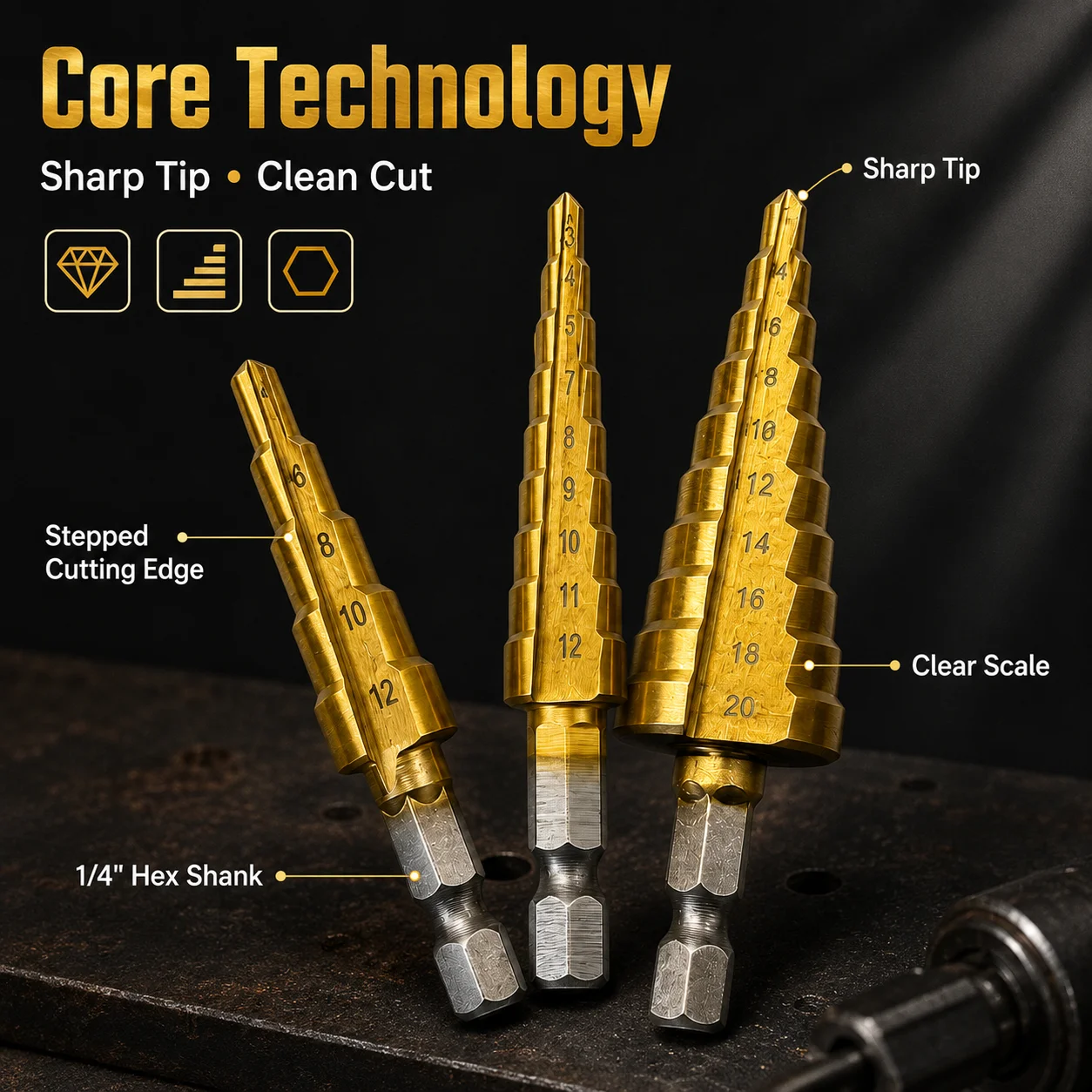 3Pcs Titanium Step Drill Bit Set 1/4