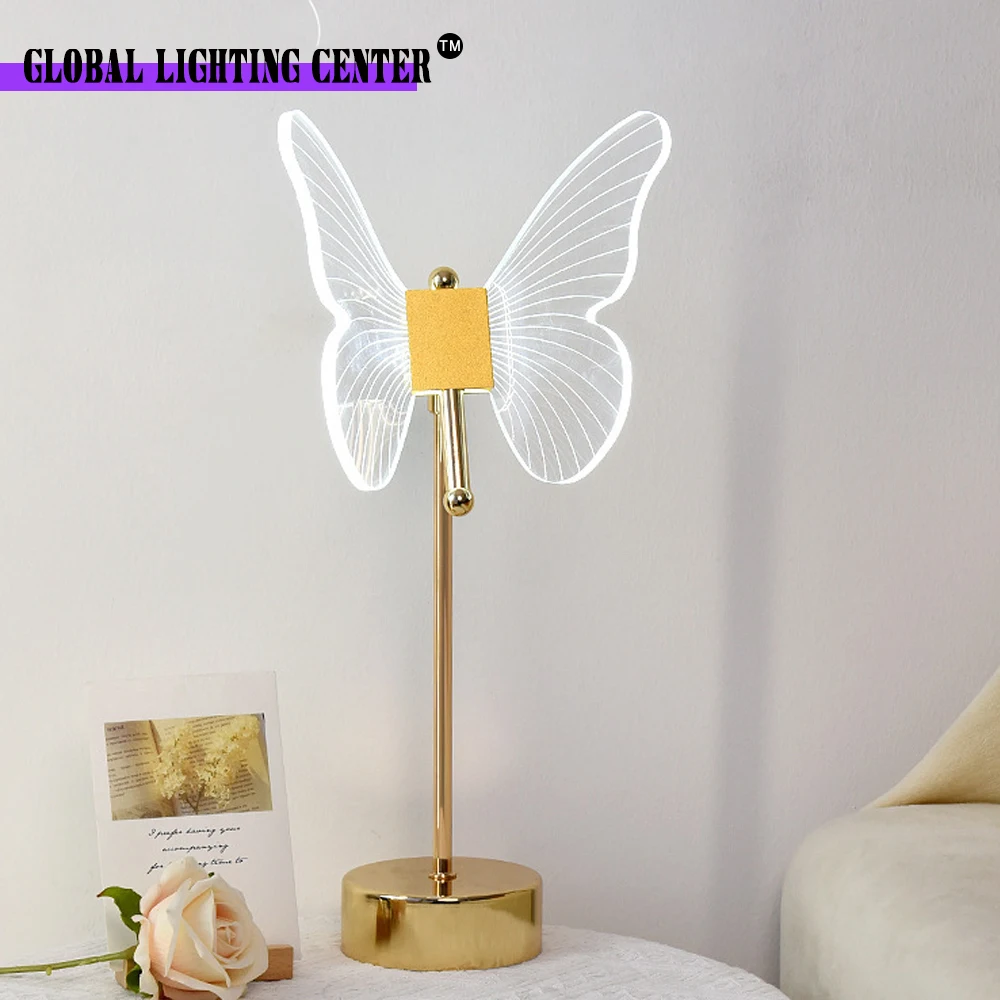 Table Lamp Retro Gold Acrylic Butterfly LED Desk Lamp Hotel Villa Art Decorative Lighting Living Room Bedside LED Night Lights