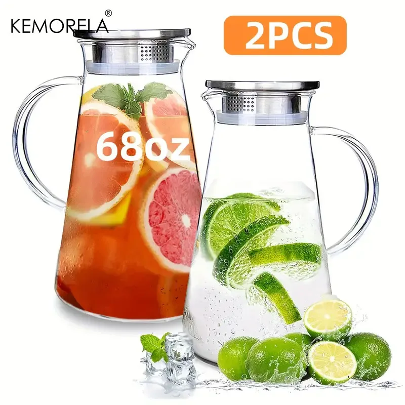 KEMORELA 2PCS 2L High Borosilicate Glass With Lid Large Capacity Beaker Shaped Water Bottles, Hot Cold Drinks, Dishwashable