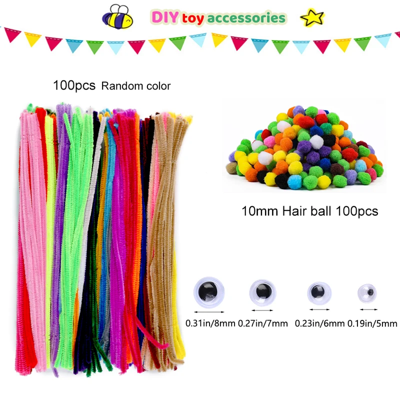 KRABALL Chenille Stem Twisted Rod Set With Adhesive Eyes Fluffy Ball Toy Creation DIY Craft Material Christmas Party Supplies