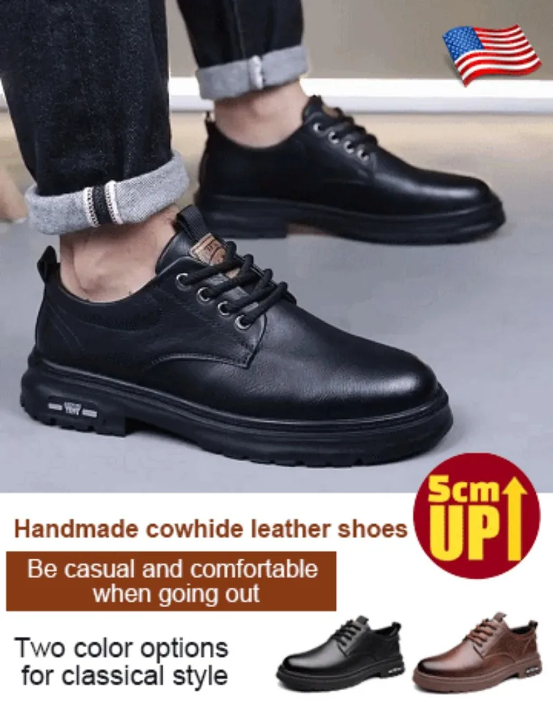 Men's Outdoor Casual Leather Shoes Dad Big Head Leather Shoes Lace Free Retro Men's Shoes Trendy Soft Bottom Low-Top Work Shoes
