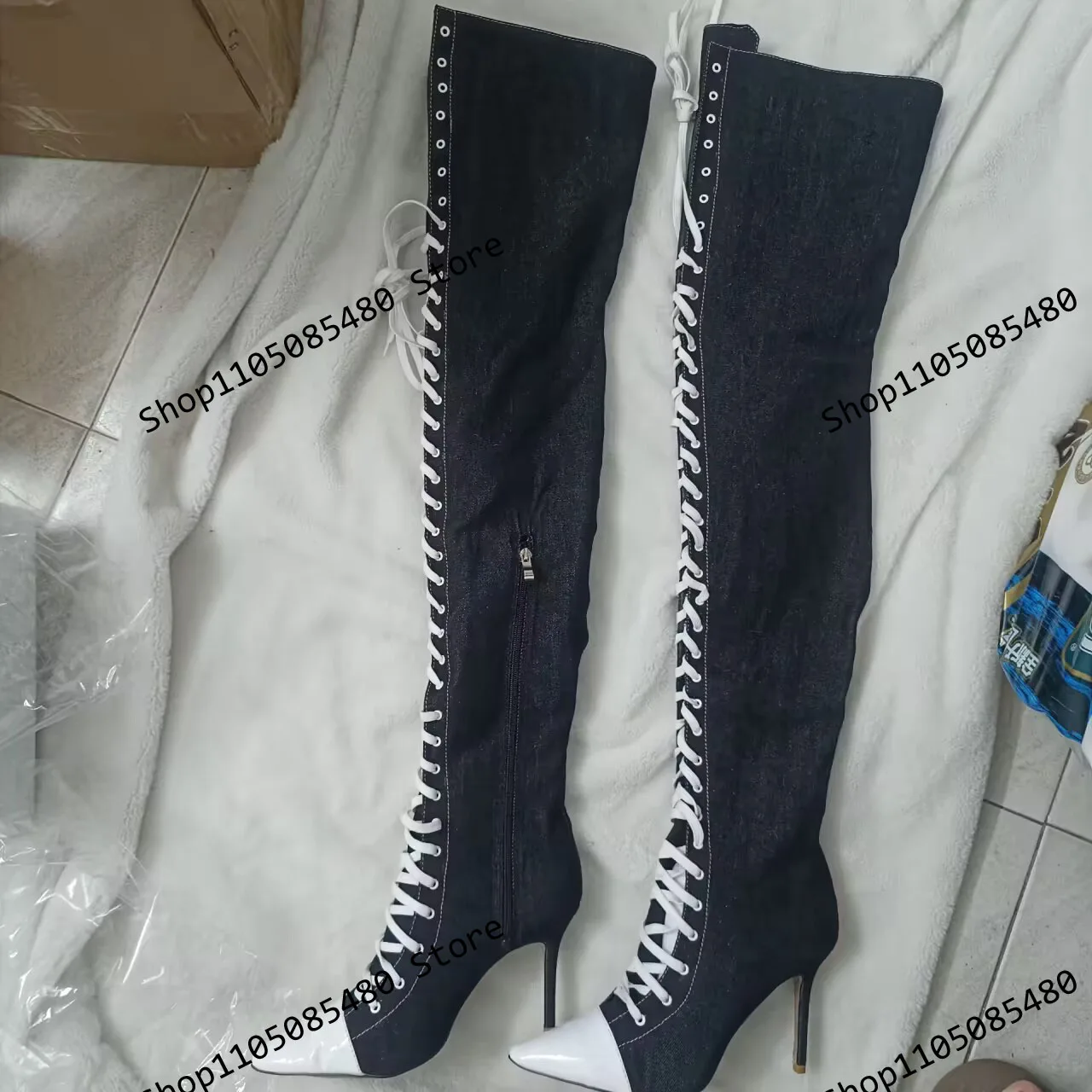 2025 New Women Pointed Toe High Heels Knee High Boots Jeans Black Lace Up Knight Boots Winter Autumn Ladies Shoes Long Boots view 5