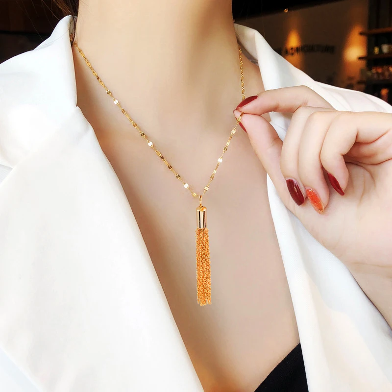 SINLEERY Stainless Steel Necklace Long Tassel Pendants For Women Fashion Jewelry Choker Neck Female Chain XL851