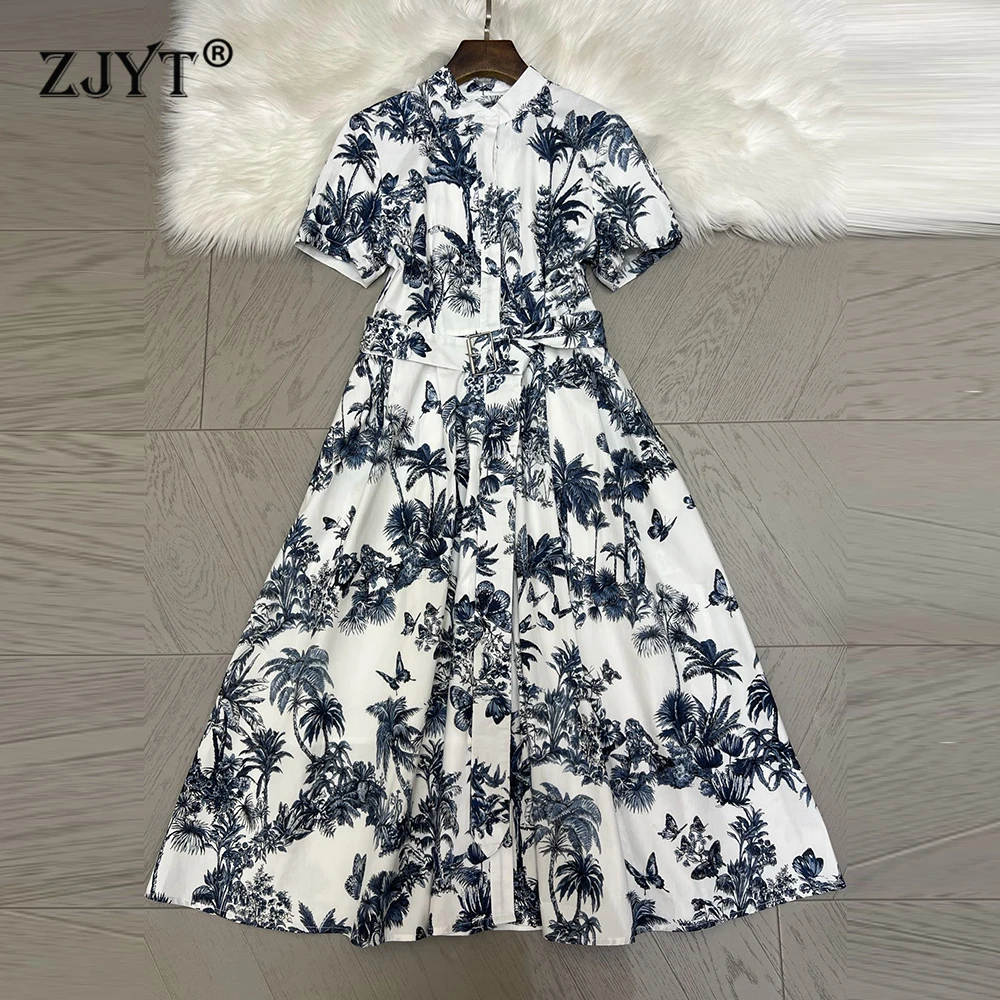 

ZJYT Summer Fashion 100% Cotton Blue Print Shirt Dress Women Short Sleeved Single Breasted Casual Vintage Midi Dresses Ladies