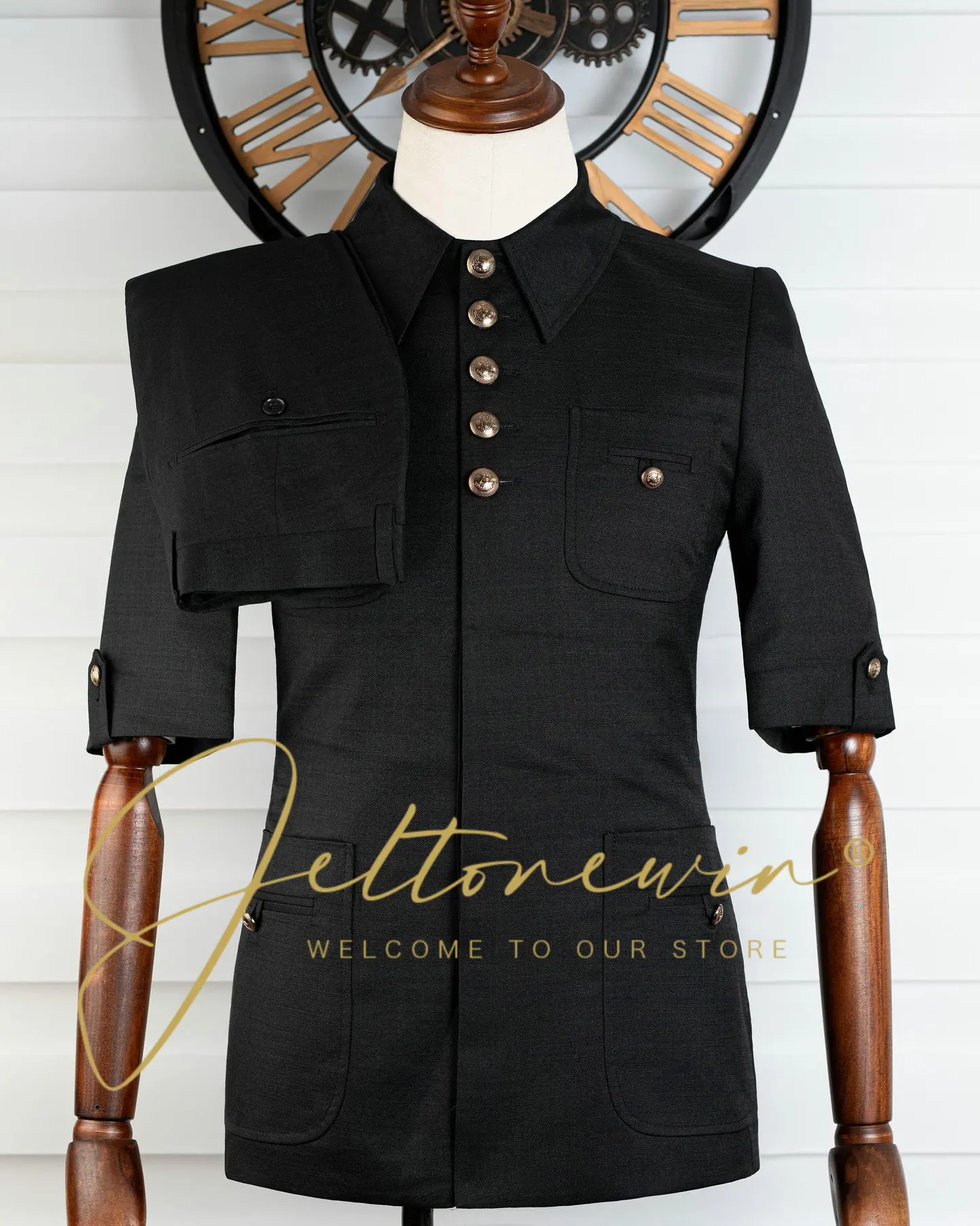 

Мужской черный костюм-двойка с коротким рукавом, воротником в стиле милитари и пятью пуговицами спереди, приталенная официальная одежда для свадебных женихов