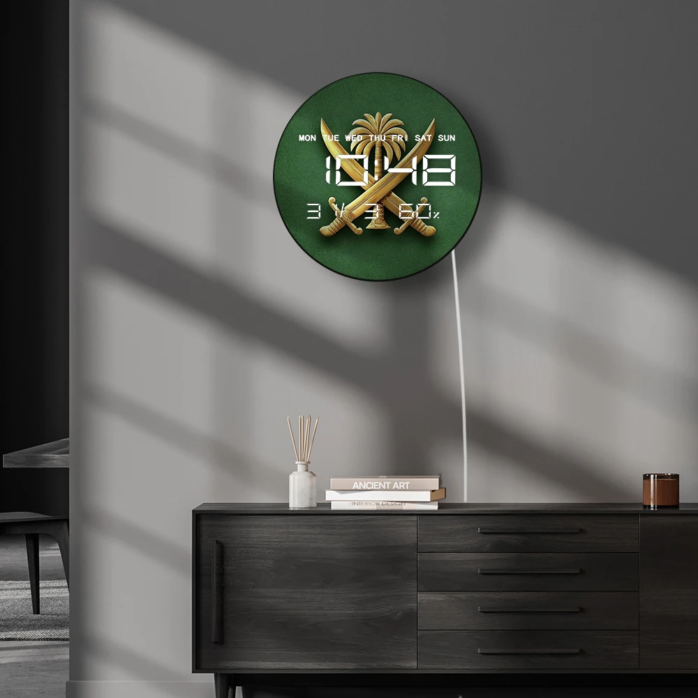 معطف الأسلحة LED ساعة حائط رقمية المملكة العربية السعودية العلم درع ساعة حائط إلكترونية عرض عددي كبير ديكور المنزل الوطني