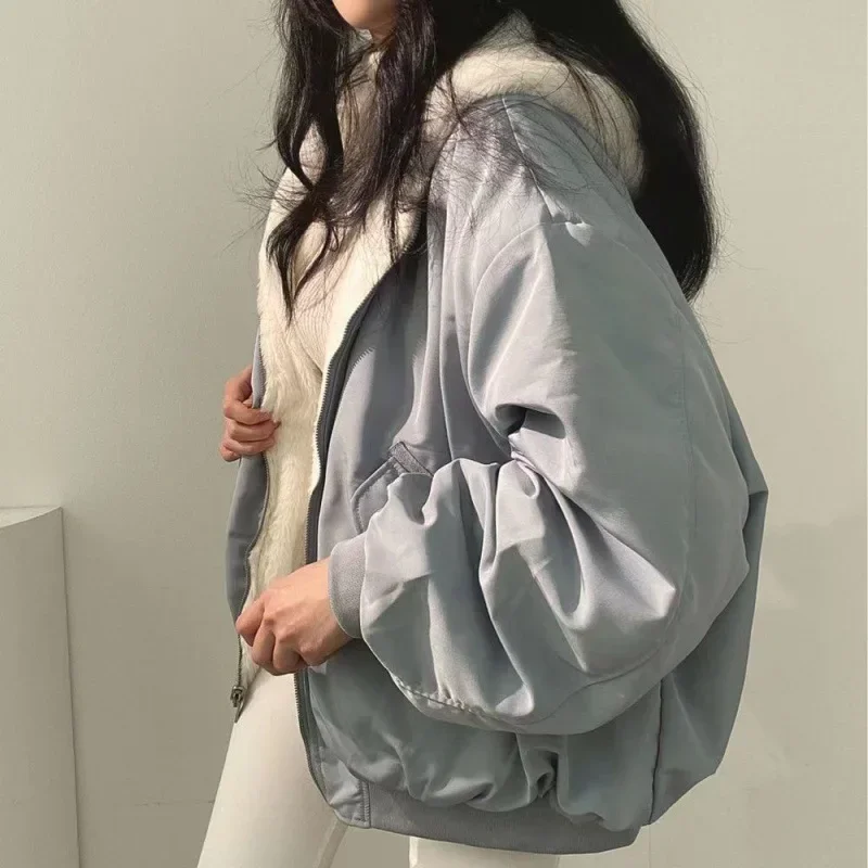 Streetwear Thick Warm Women Cotton Parkas Oversize Korean Fashion Double Sided Winter Coat Solid Harajuku Zipper Jacket