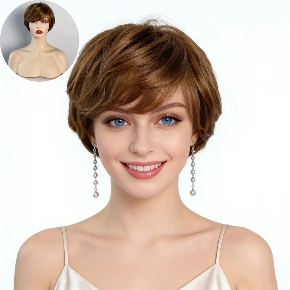 Fashionable Women Wig, Brown Bob, Short Curly Hair Fluffy Mechanism Synthetic Wig Headband for Daily Use Wig Cover