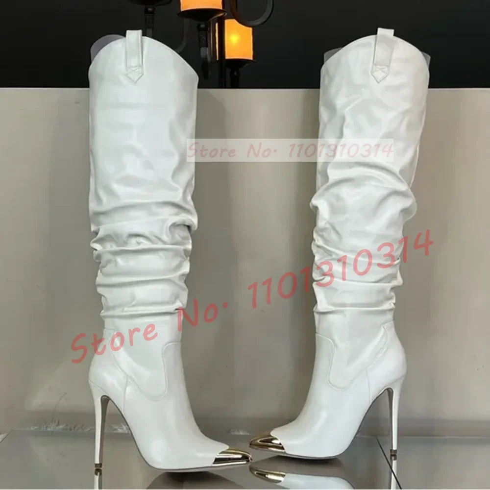 Metallic Toe Knee High Boots Women Chic Pleated White Stiletto High Heels Shoes Ladies Winter Gorgeous Pointy Slim Tall Boots - view 3