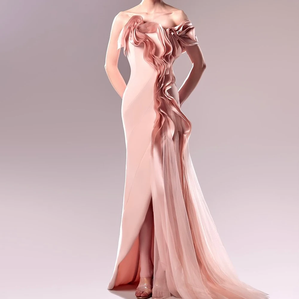 

Customized Mermaid Evening Dresses Floor-length Off The Shoulder Sleeveless Prom Gown Fashion Ruched Draped Backless Party Gown