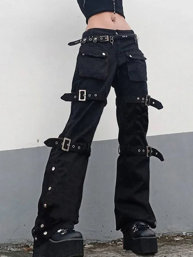 Eyelet Buckle Cyber Punk Goth Baggy Jeans Y2K Woman Techwear Dark Academic Solid E Girl Cargo Pants Denim Gothic Hippie Trousers