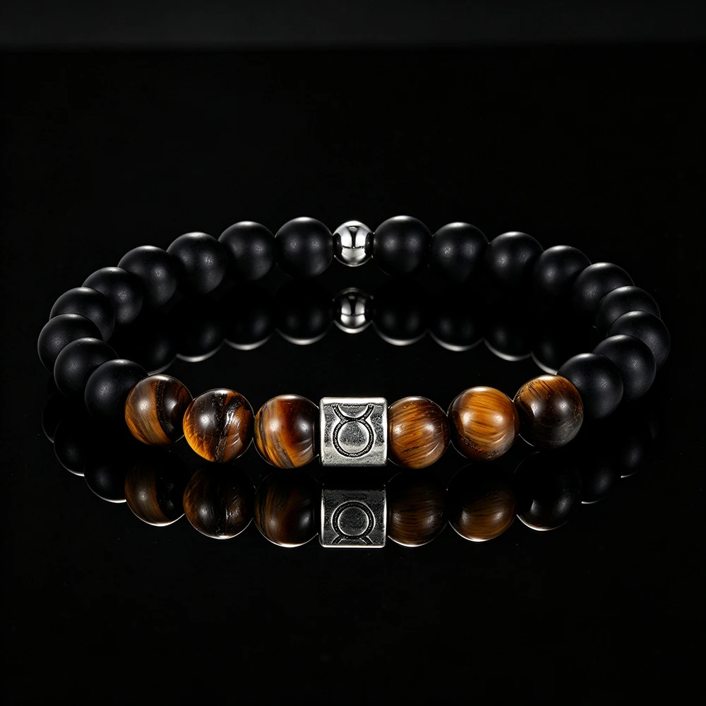 Handgefertigtes 12-Sternzeichen-Armband, elastisch, mit natürlichen Tigeraugensteinperlen, Sternzeichen-Anhänger, Unisex-Geburtstagsgeschenk für Männer und Frauen – Detail 11