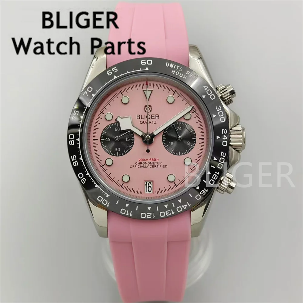 BLIGER 39mm VK64 Quartz Chronograph Men\'s Watch Pink Dial Sapphire Glass 5 pin 6 o \'clock date Luminous Waterproof Rubber Strap