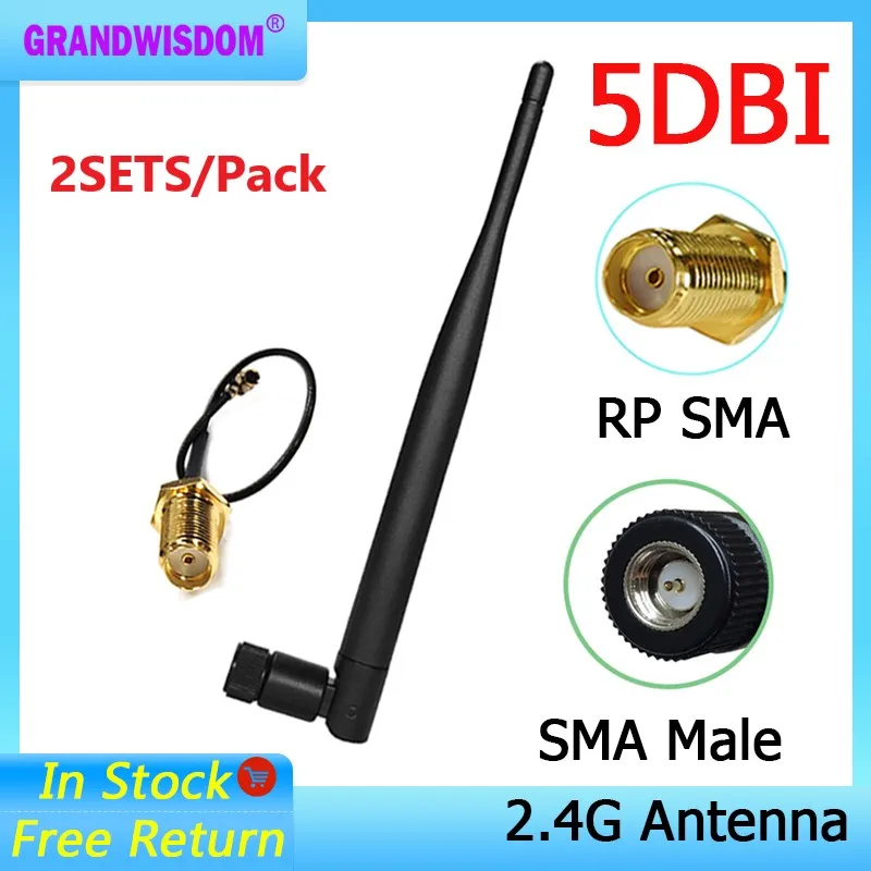 2sets 2.4G high gain antenna 5dbi sma male wlan wifi 2.4ghz antene IPX ipex 1 SMA female pigtail Extension Cable iot antena