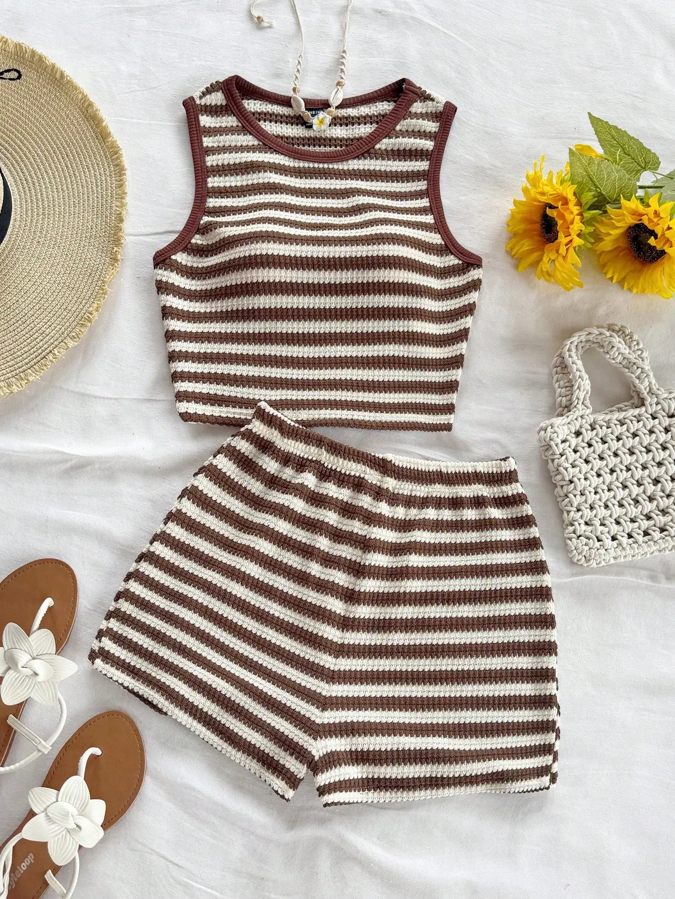 

Полосатый вязаный укороченный топ и шорты с эластичной талией, комплект из 2 предметов, женский повседневный летний наряд