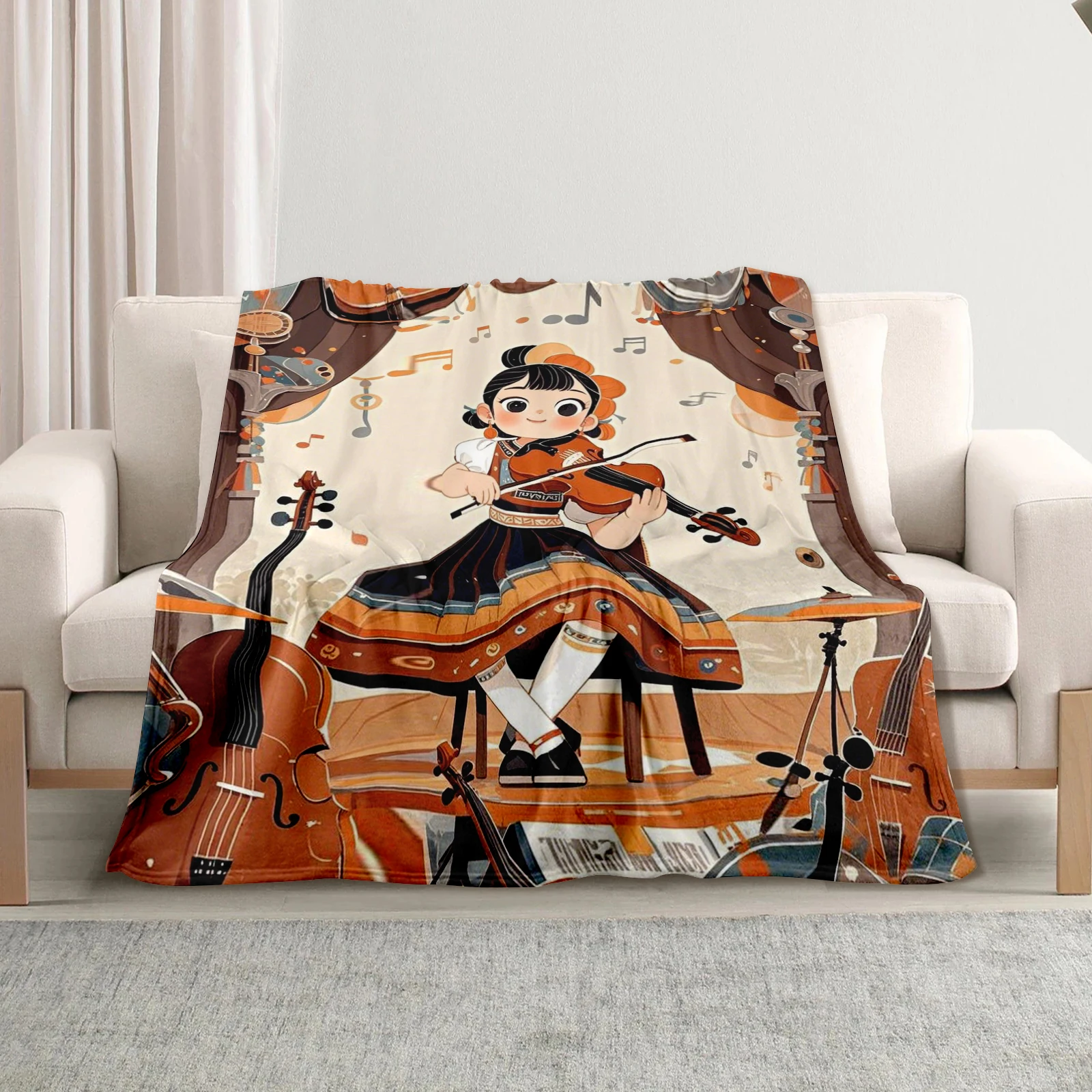 Cartoon Character Playing Cello With Floating Notes Blanket, Captures Music Festival Essence. Ideal For Family, Friends Or Kids.