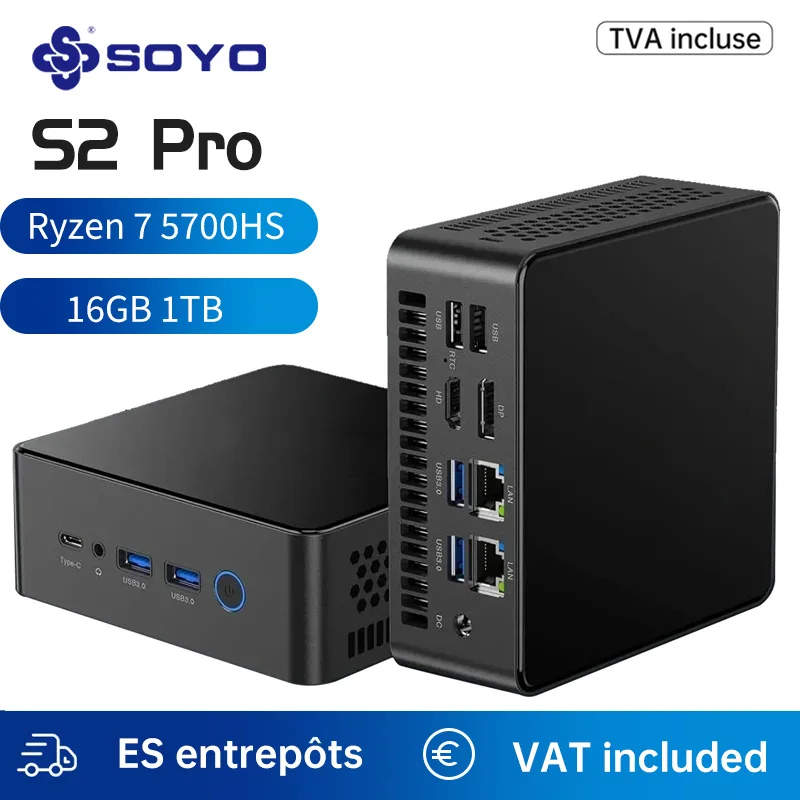 SOYO S2 Pro MINIPC Ryzen 7 5700HS Mini PC Dual Channel DDR5 16GB RAM 1TB ROM NVME SSD Windows11Pro Portable Gaming Computer Host