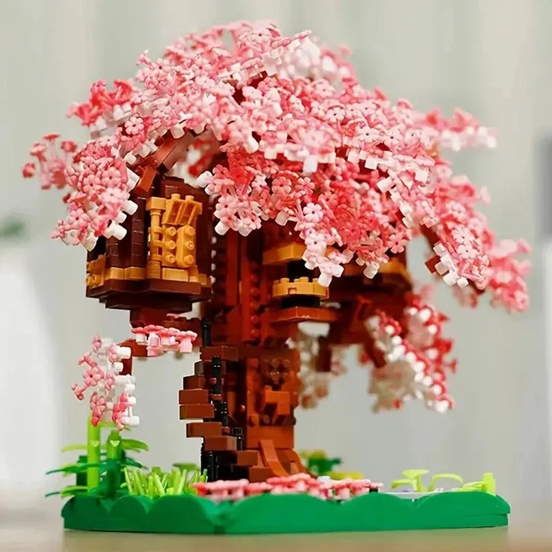 اللبنات الصغيرة بيت شجرة زهر الكرز ثلاثية الأبعاد نموذج تجميع الطوب لتقوم بها بنفسك ديكور المنزل اللعب الهدايا #3