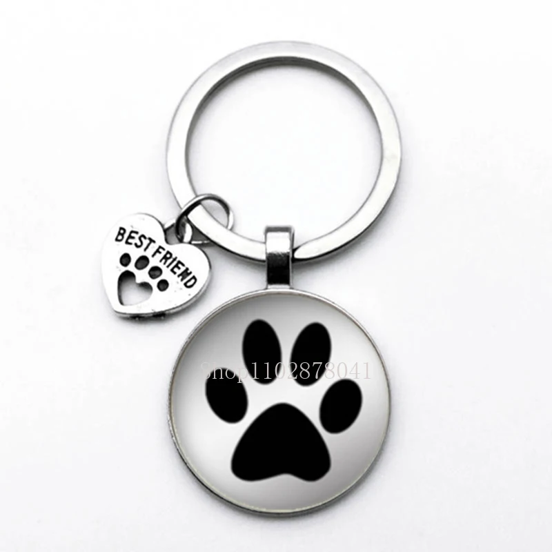 Fashion Jewelry Glass Pendant Alloy Keychain Cute Pets Dog Paw Print Charming Classic Gift