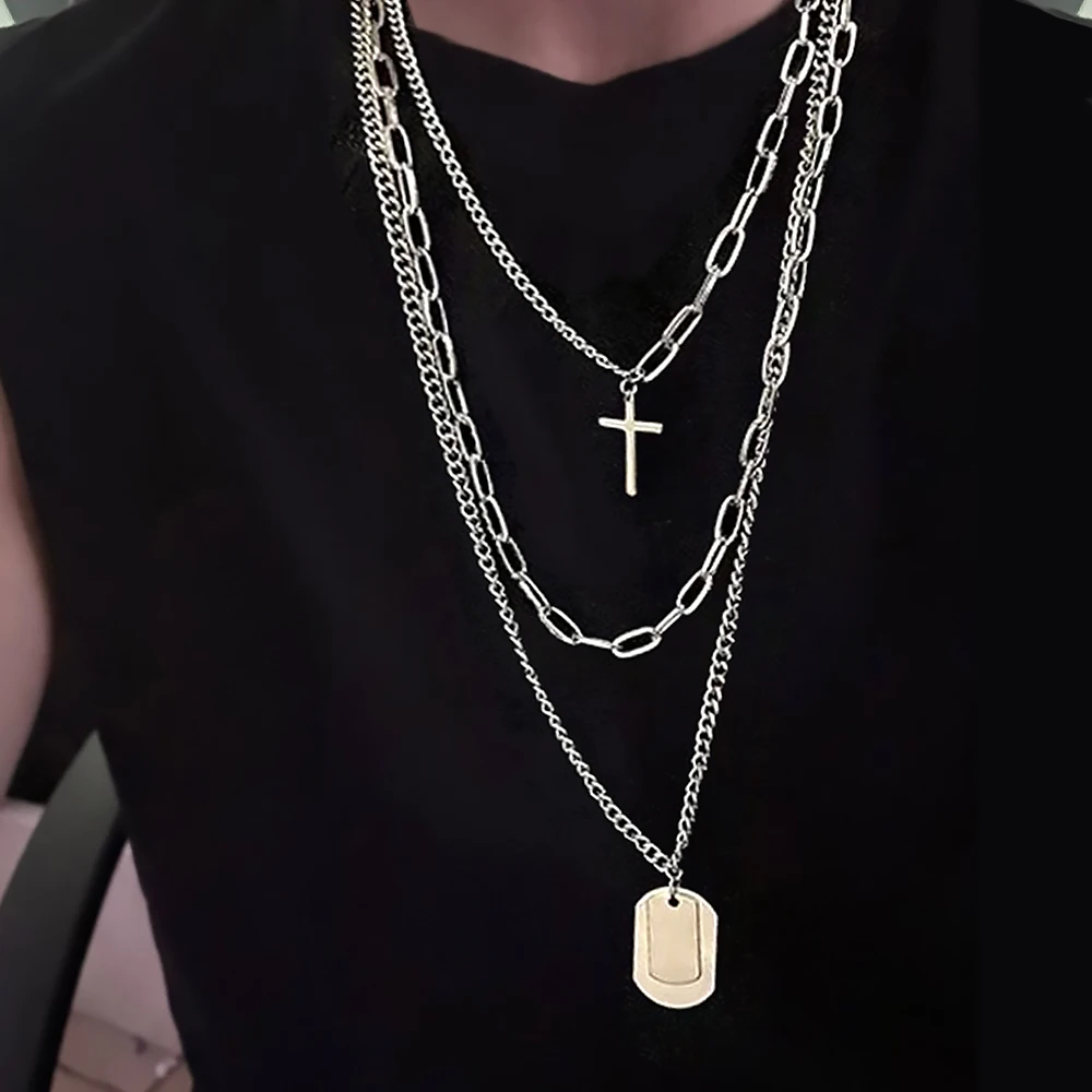 FNIO 2023 Fashion Unisex Multilayer Hip Hop Long Chain Necklace For Women Men Jewelry Gifts Cross Pendant Necklace Accessories