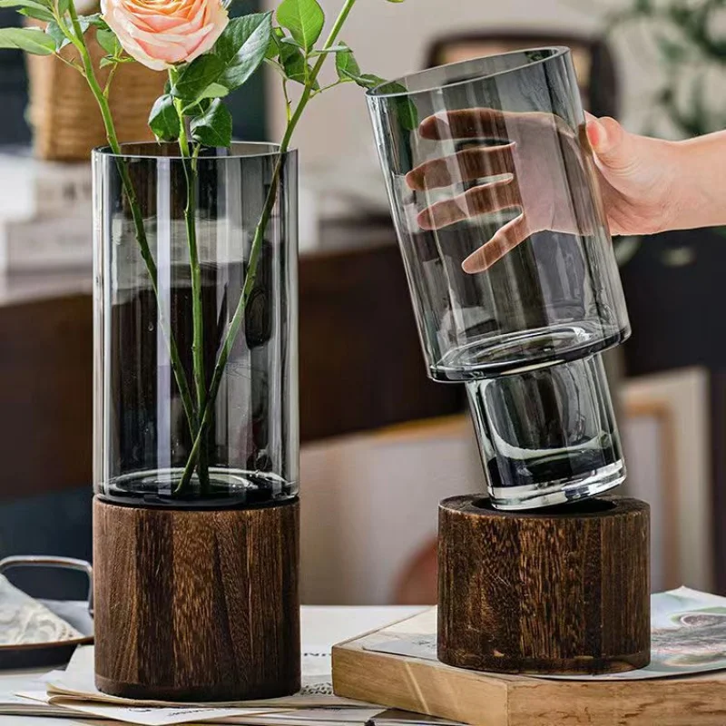 

Glass Vase with Fashionable Wooden Base - Living Room Tabletop & Floor Decorative Vase, Home Decoration Ornament