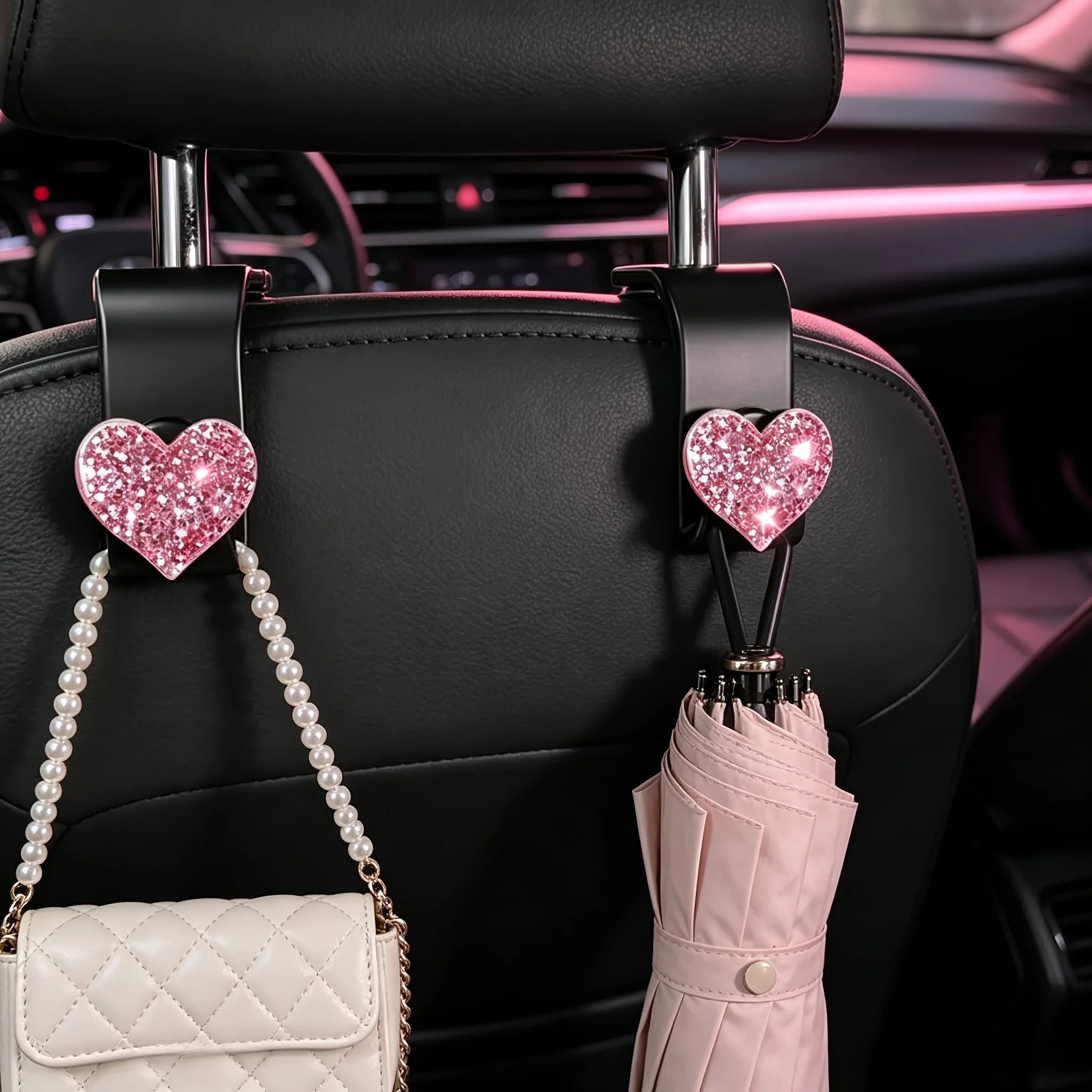2 Stück Strass-Herzförmige Auto-Kopfstützenhaken, Glitzernder Aufbewahrungshaken für Handtasche, Geldbörse, Hut, Niedliche Auto-Innendekoration für Frauen – Detail 2