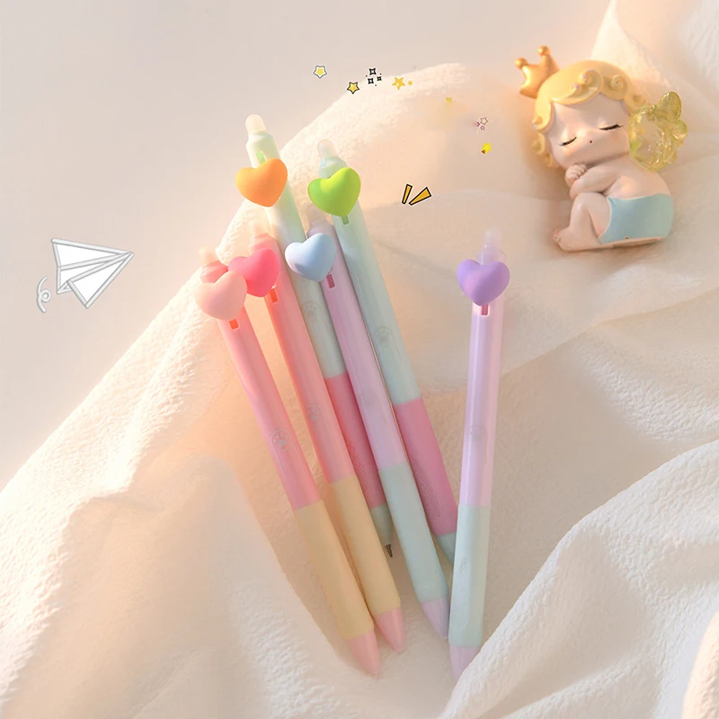 2pcs Erasable Gel Pens Kawaii Love Heart Cute Blue Ink Needle Pens Kids Gift Korean Stationery School Office Writing Supplies