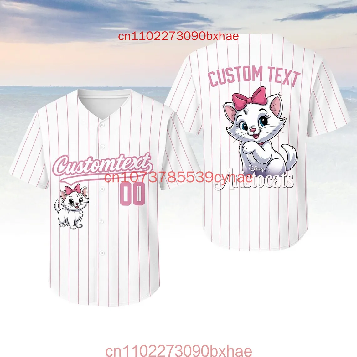 

2026 New Disney Marie Cat Pink and Black Jersey Custom Baseball Jersey Cartoon Print Jersey Men's and Women's Children's Shirt