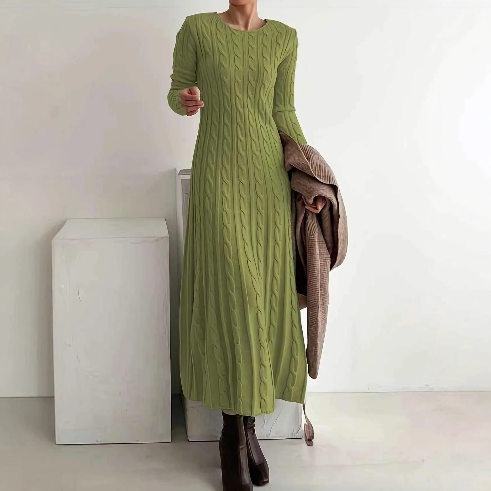Women 2026 Autumn Winter Round Neck Fitted Cable Knit Sweater Maxi Dress Long Sleeve Knitted Layering Dress