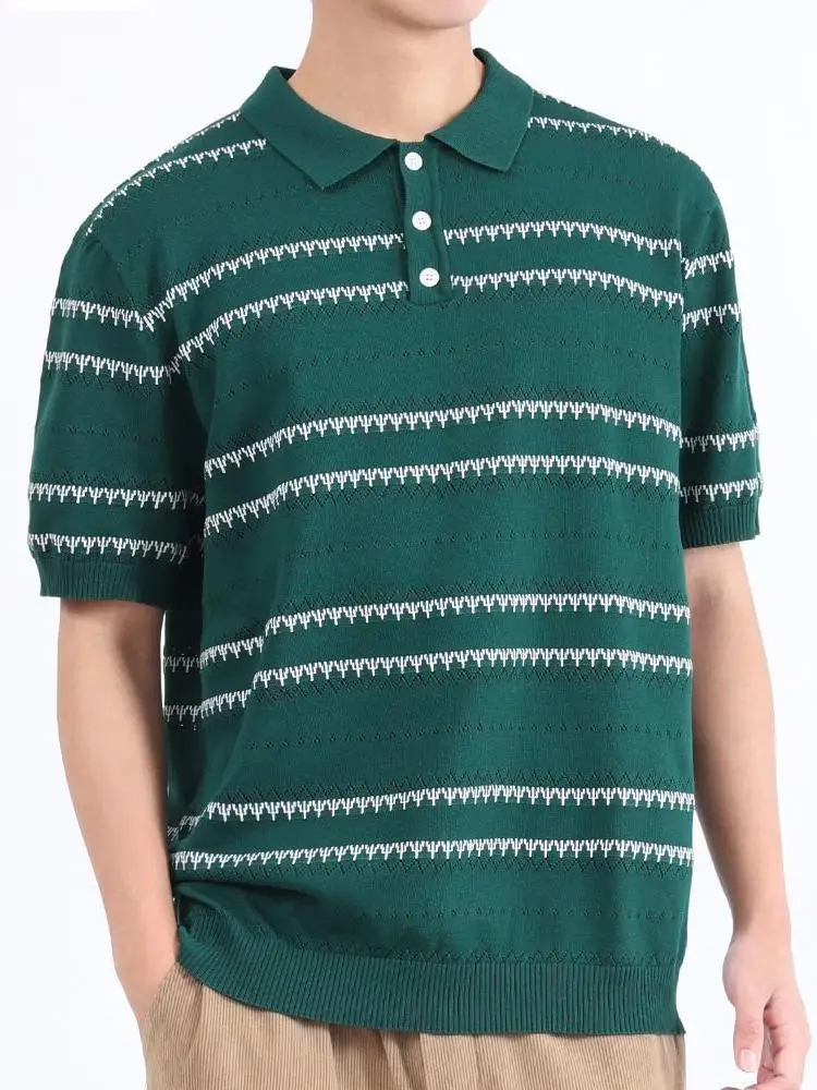Hollow Breathable Knitted Polo Shirts For Men Striped Stretchy Summer Quality Viscose Blends Silky Comfortable Camisas De Hombre
