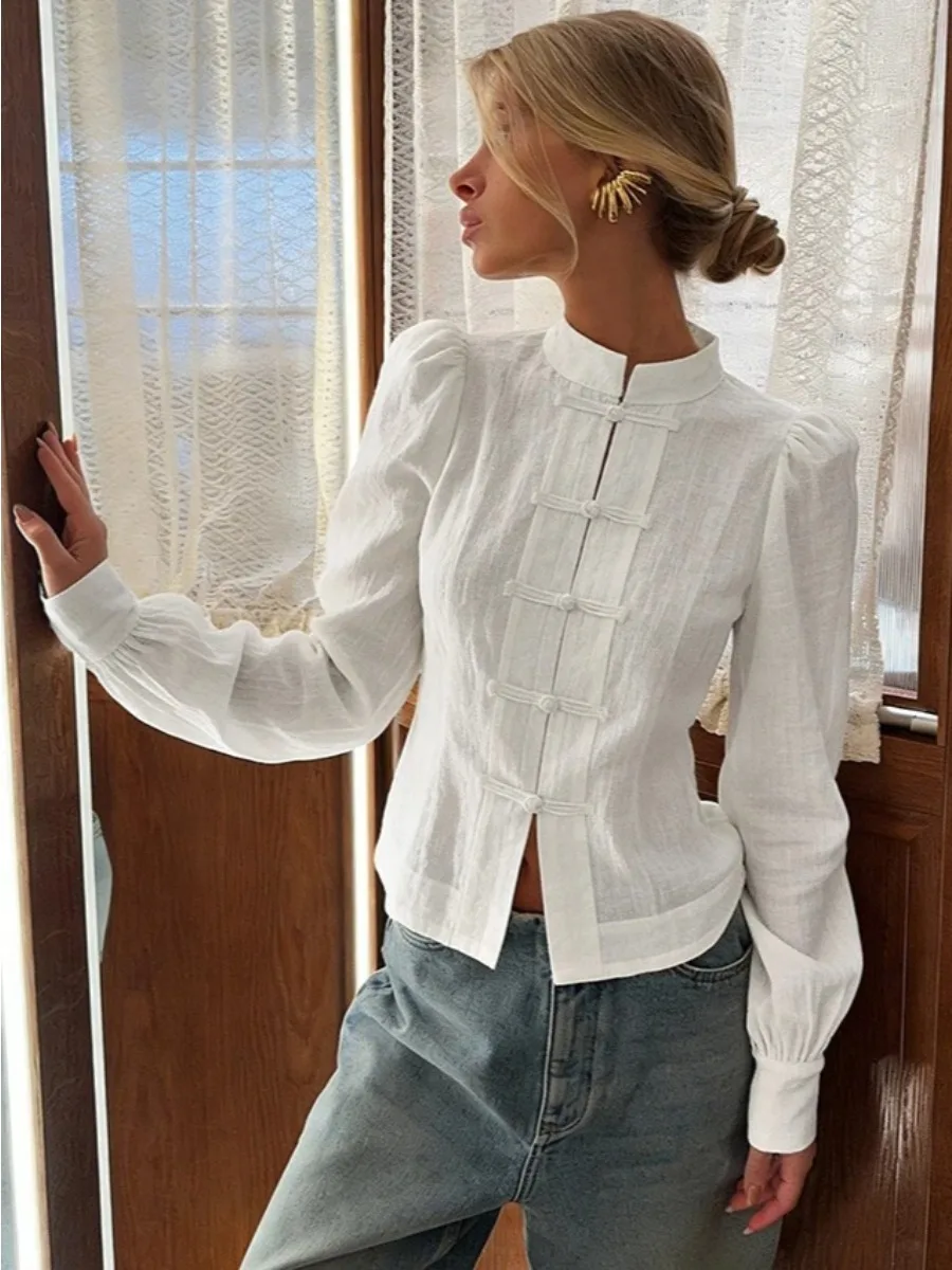 

LIinar Chinese Style White Print Stand Collar Shirts Female Vintage Black Puff Sleeve Blouse Women Street Chic Button Up Top