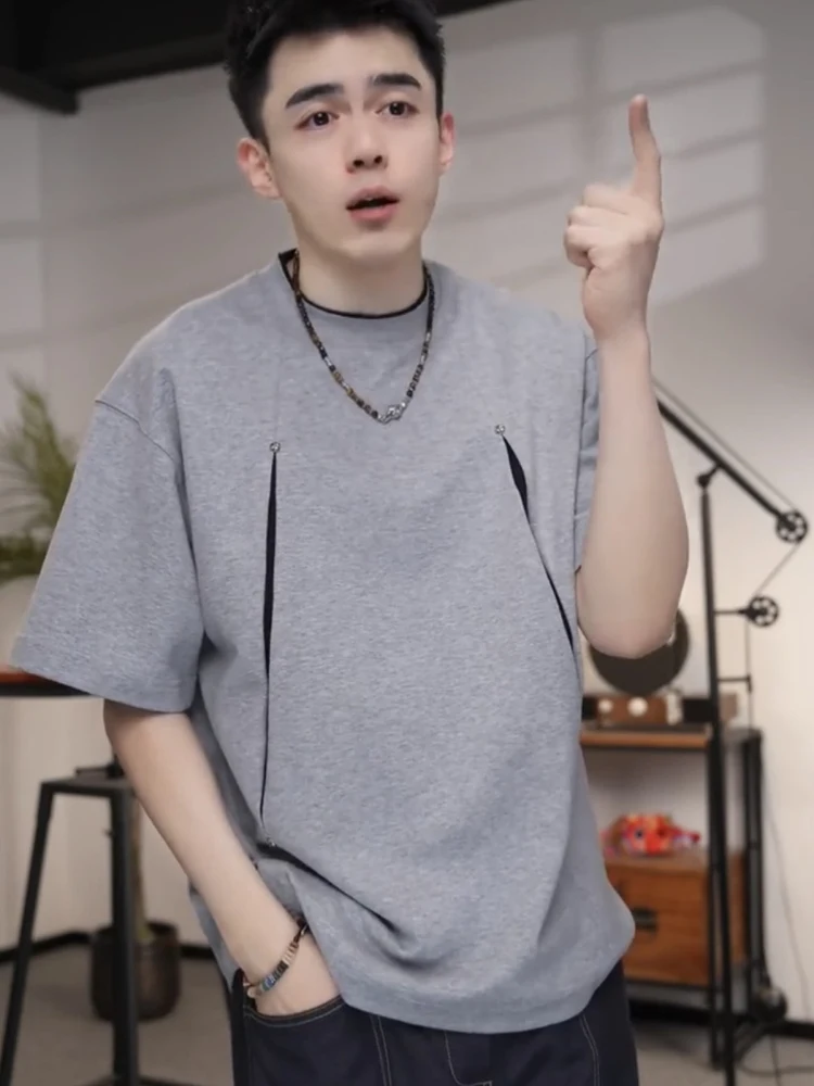 Loose Breathable Casual Men's T-shirt Summer Fashion round Neck Short Sleeve Structural Patchwork Rivet Design Versatile T-shirt