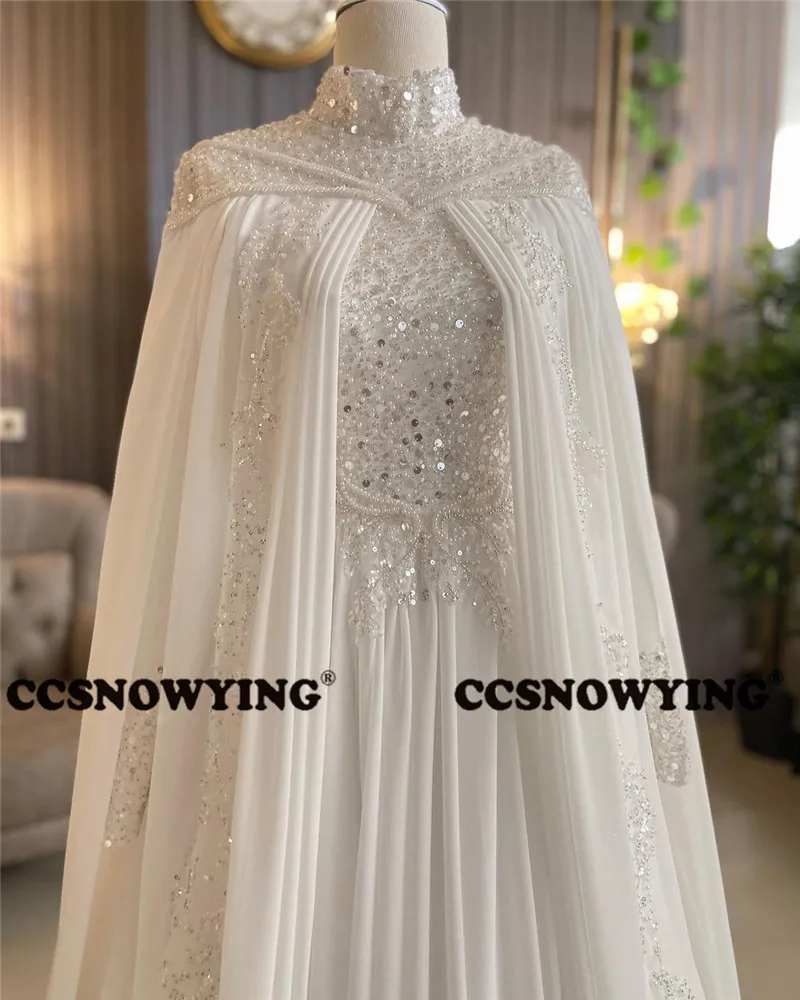 Chiffon lantejoulas pérolas vestido de casamento muçulmano com cabo manga longa hijab vestidos de noiva islâmico alta pescoço árabe robe de mariée