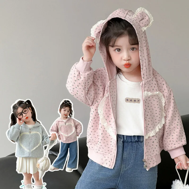 Mädchen Herbst Floral Liebe Hoodies 2025, neue modische Kinder Kleidung Mädchen Baby Casual Strickjacke Top