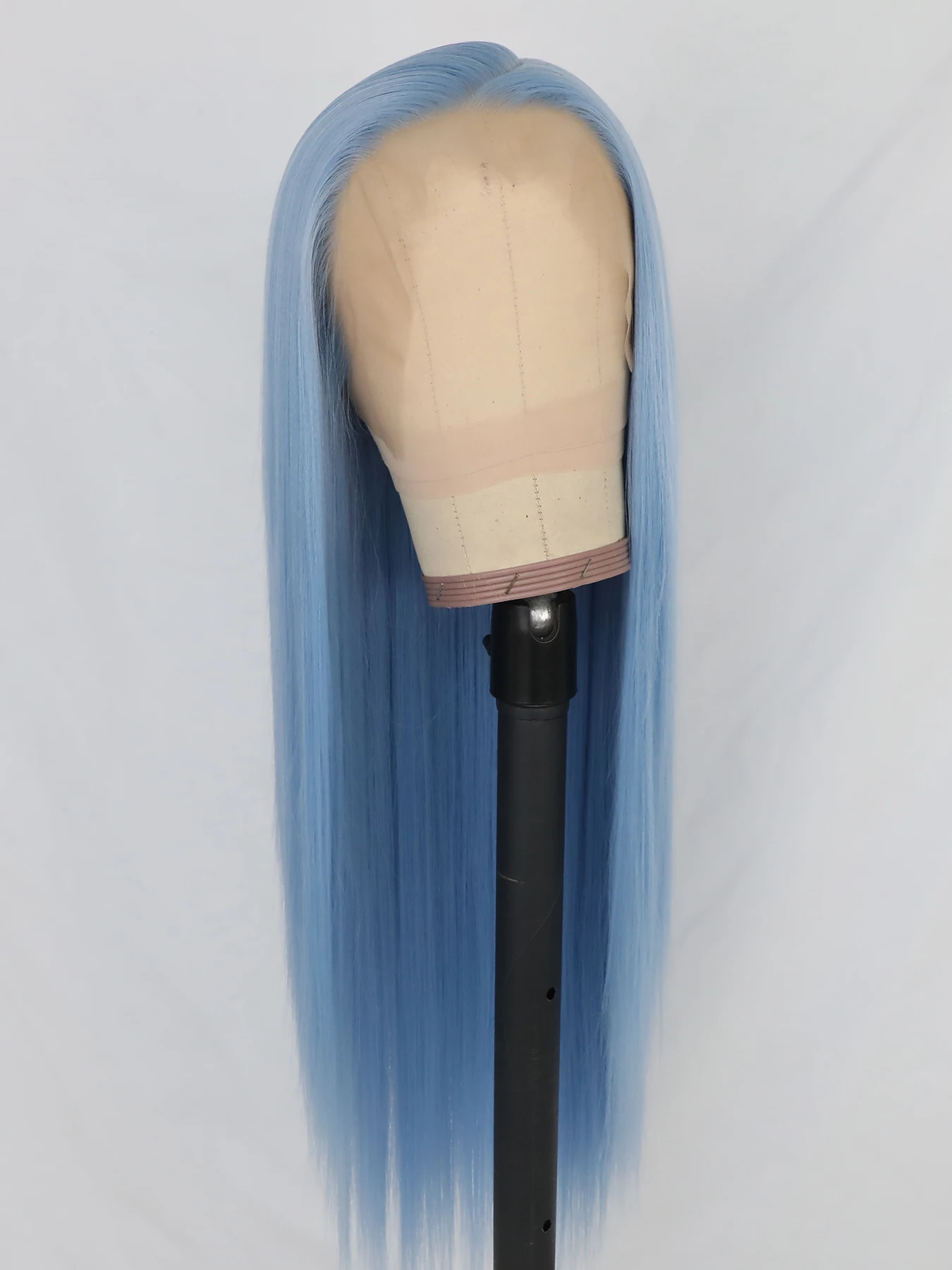 Pelucas frontales largas y rectas para mujeres negras, cabello sintético prearrancado, parte libre, azul claro