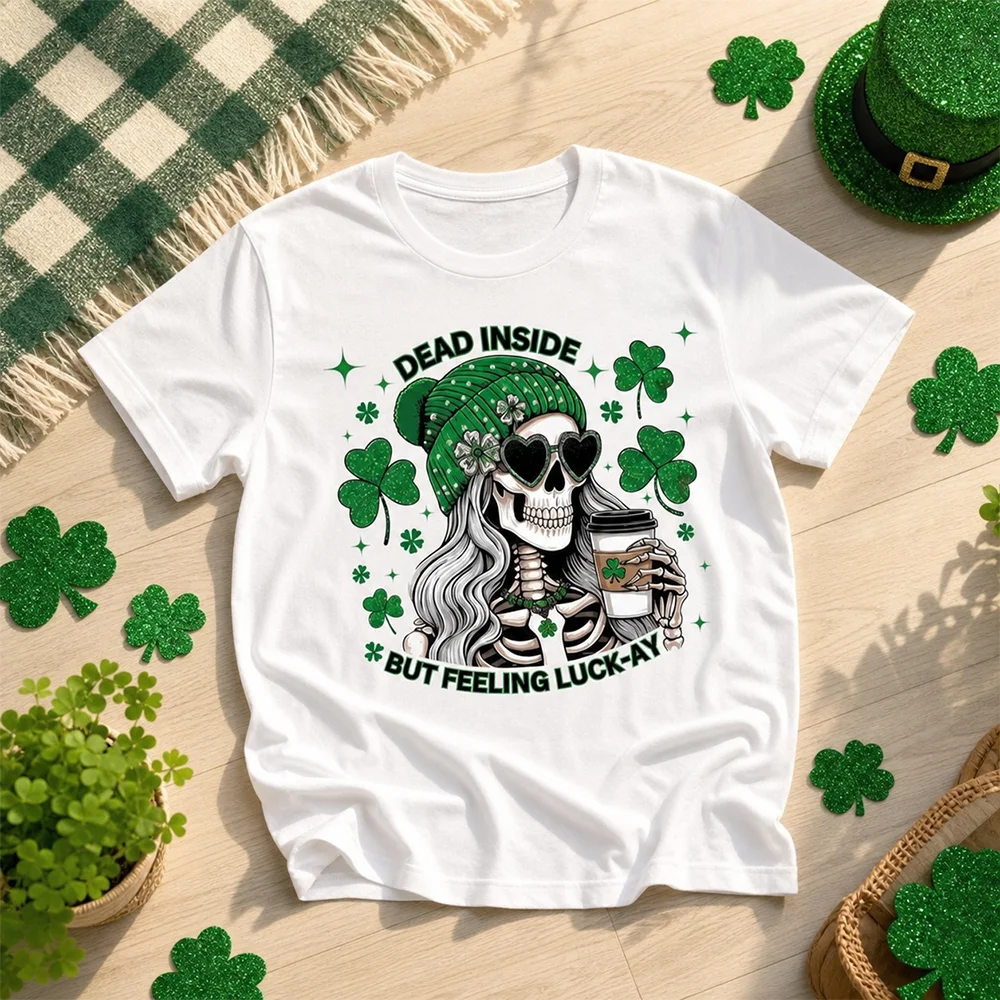 Unisex Gothic Day of the Dead T-Shirt Short Sleeve Breathable Parent-Child Tee with Shamrock Skull Clover Designed Festival Top