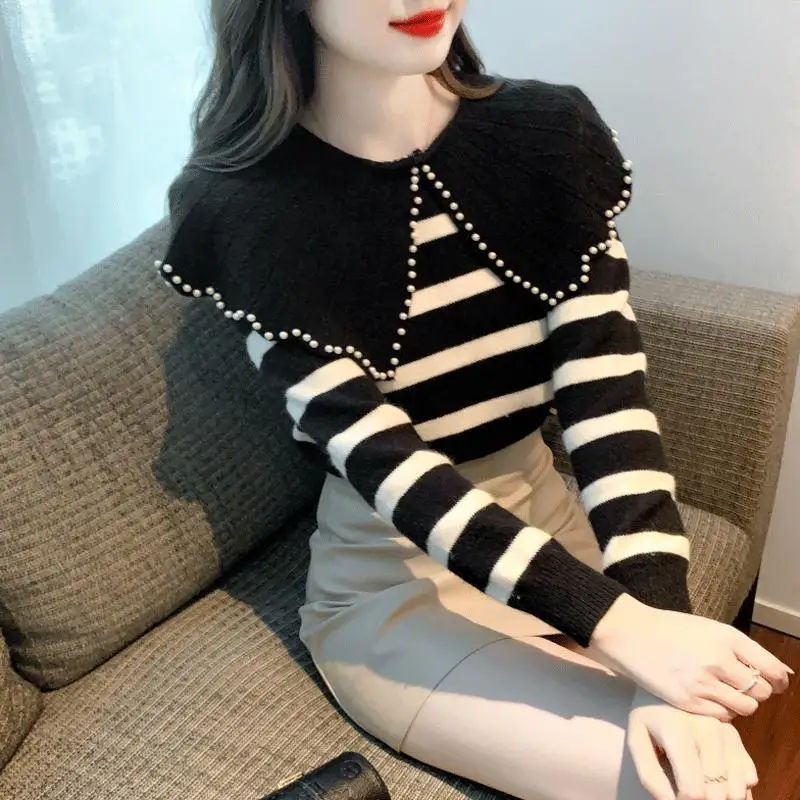 Doll Collar Striped Knitted Base Sweater Women's New Design Slim Fit Pullover Sweater