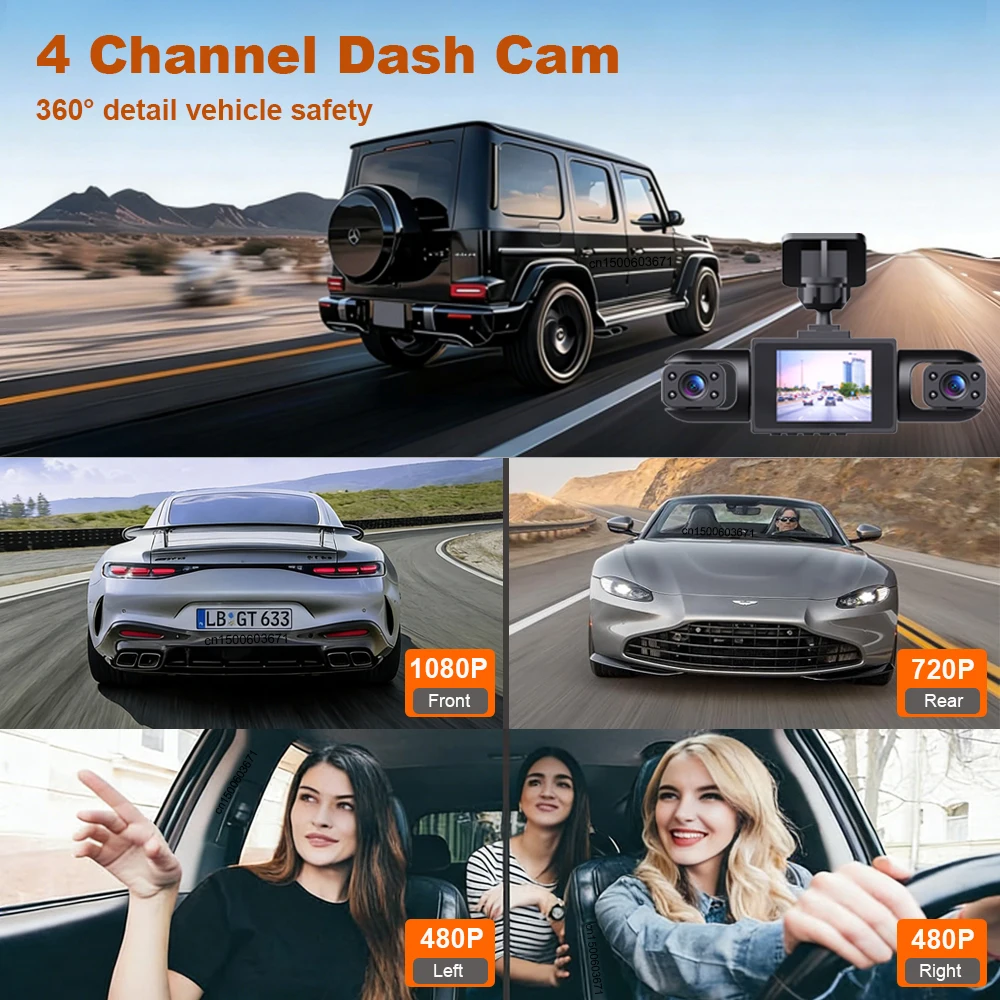 Dash Cam for Cars 4 Channel 360° Car Dvr 1080P Vehicle Video Recorder Front Rear Left Right View Camera Night Vision Dashcam