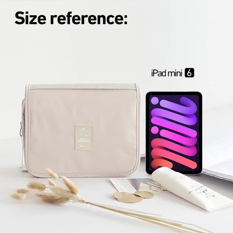 กระเป๋าใส่เครื่องสำอางแบบแขวนสำหรับผู้หญิง, กระเป๋าเครื่องสำอางขนาดพกพาพร้อมตะขอ, กระเป๋าจัดระเบียบเครื่องสำอางสีเบจสำหรับเก็บอุปกรณ์อาบน้ำ