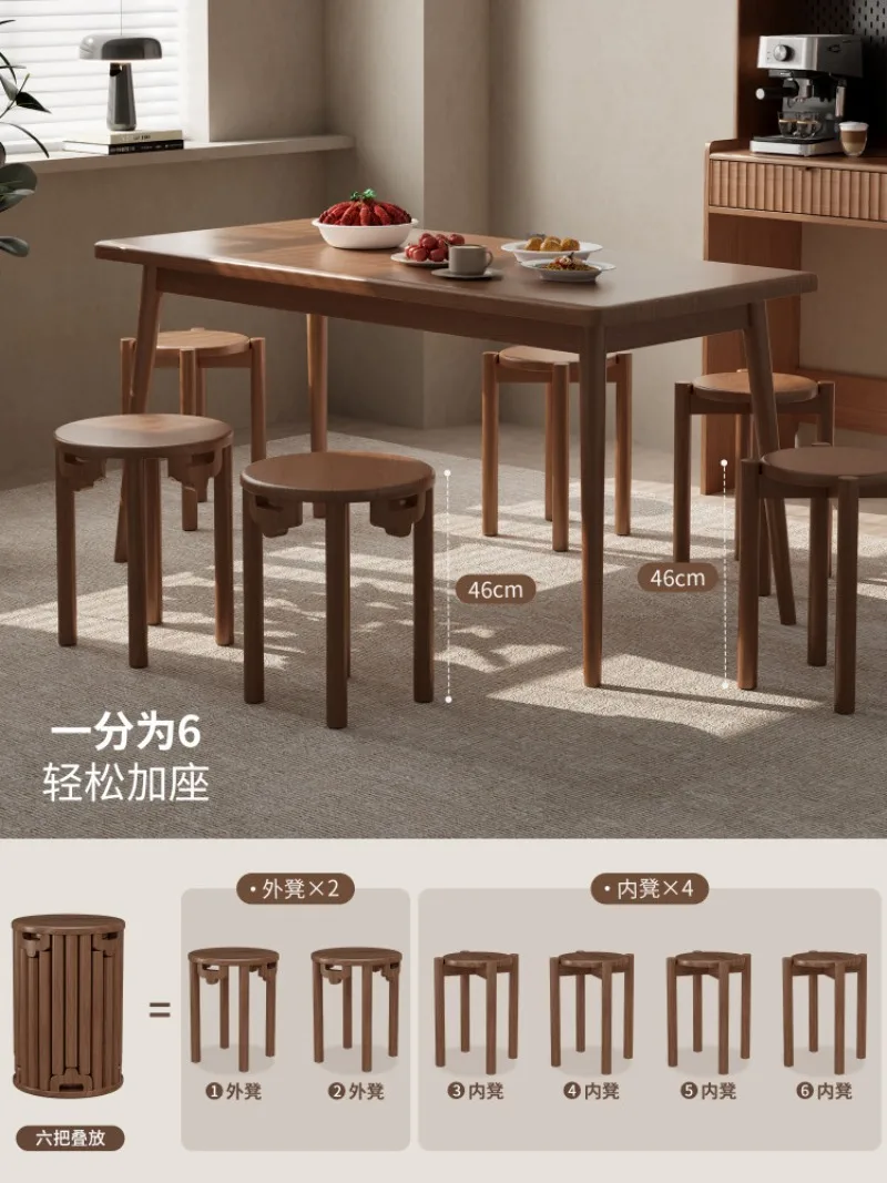 Six-in-one stool, solid wood stackable, round stool movable, spare dining table for home use, stacking music stacking chair