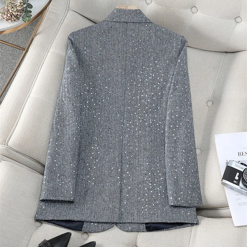 Korean Fashion Casual Blazer Women 2025 Spring Autumn New Elegant Long Sleeve Sequin Design Jackets Office Ladies Slim Suit Tops