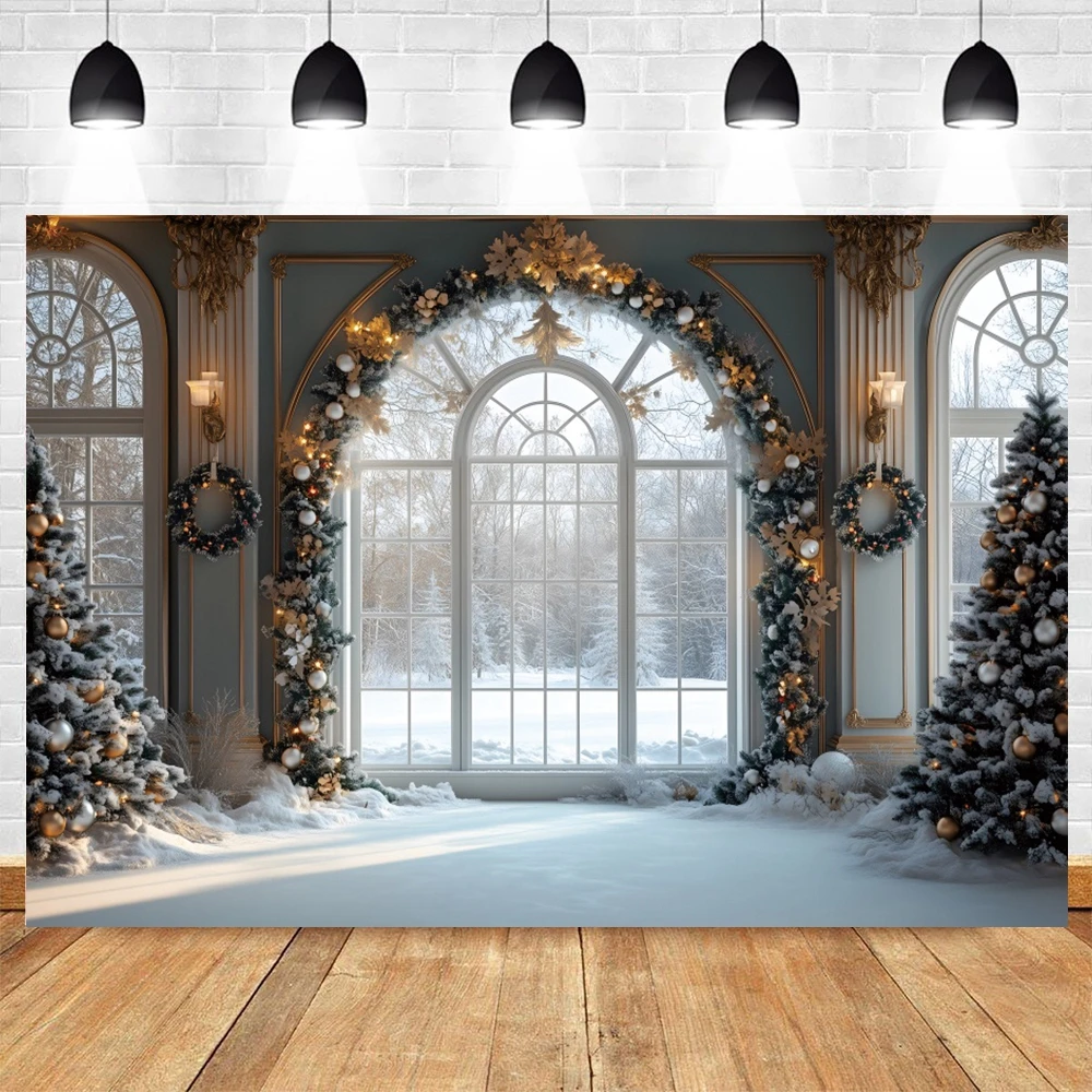 Retro Window Christmas Tree Backdrops Photography Winter Snow Forest Interior Decoration Kids Family Portrait Photo Backgrounds