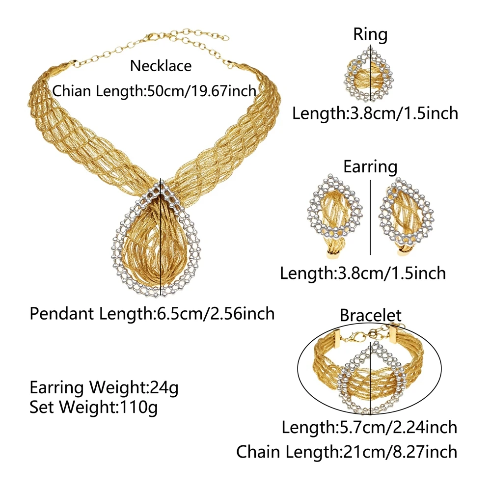 Silver Plated Wire Woven Teardrop Statement Jewelry Set 4Pcs Choker Necklace Bracelet Ring Earrings Dubai African Bridal Wedding